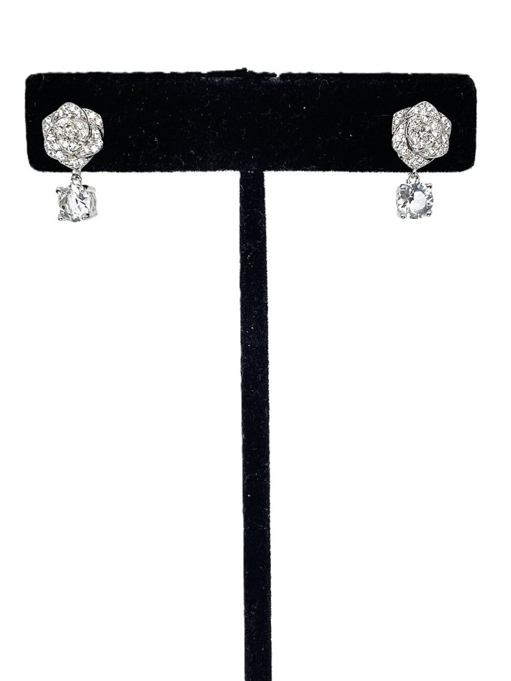 Camelia Flower Rhodium Plated Dangle Earrings, made with Crystals by Swarovski